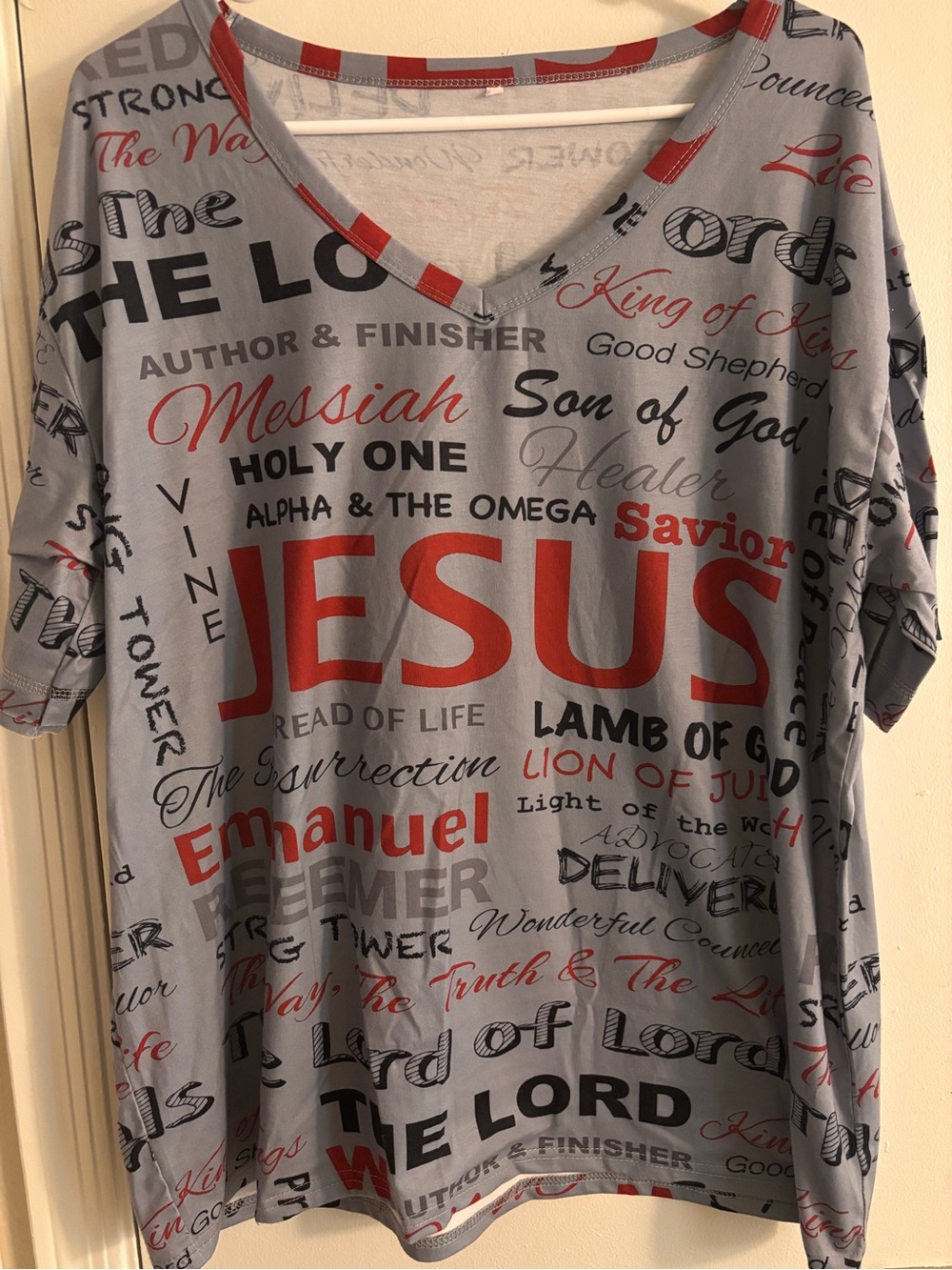 Jesus Graphic V-Neck Tee in Light Blue & Red
